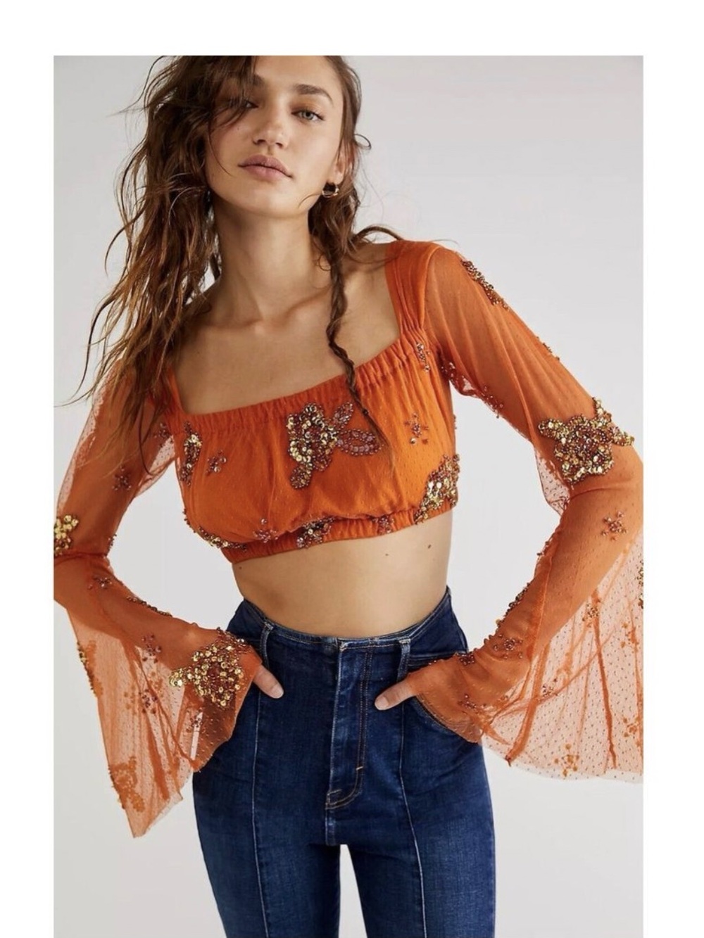 Free People Burnt Orange Sequin Bell Sleeve Crop Top